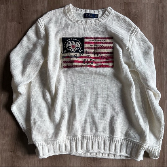 Polo Ralph Lauren White Sweater with Flag Design